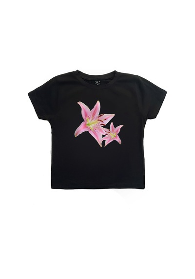 Startmore Kadın Çiçek Lilyum Baskılı Baby Tee Crop Siyah