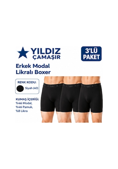 Yıldız Çamaşır Erkek Modal Likralı Boxer 36-37-38-39-40-41-42 - 3 Adet Siyah
