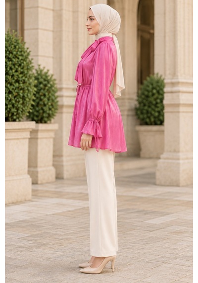 Sevitli Kolu Volanlı Janjan Abiye Bluz-pembe-5767