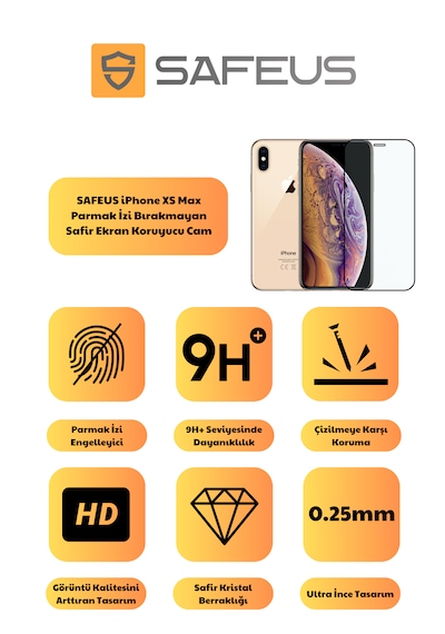 Safeus Tam Kaplayan Parmak İzi Bırakmayan Safir Ekran Koruyucu Cam , Apple Uyumlu iPhone Xs Max İle