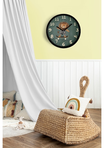 Kaykay Yapan Sevimli Aslan Çocuk Odası Modern Duvar Saati - 25cm - Önü Camlı Siyah Kasa-jh0224 Siyah