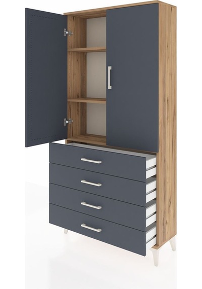 Arges Dolap 3 Raflı 4 Çekmeceli 2 Kapaklı 88x30x182 Çam-antrasit Atlas Çam