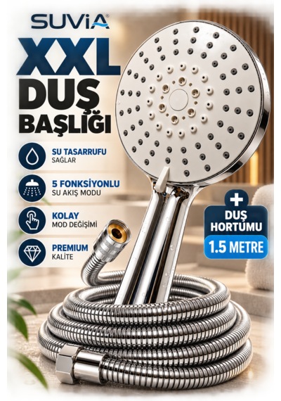 Duş Başlığı Duş Sistemi Xxl 5 Fonksiyonlu Yüksek Basınçlı Su Tasarruflu 150 Cm Hortumlu Krom Duş Seti Beyaz