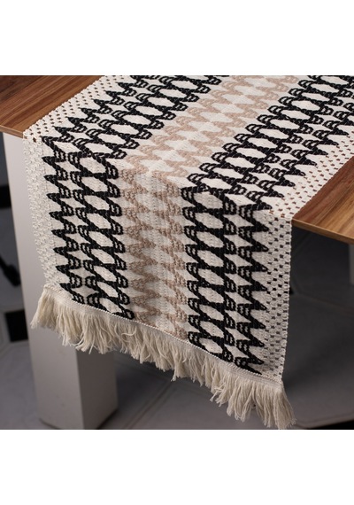 Pamuk Örme Püsküllü Siyah-kahve Dantel Runner 35x145 Cm