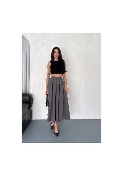 Winmoda34 Kadın Dabıl Kumaş Pileli 86 Cm Tam Boy Uzun Etek Füme
