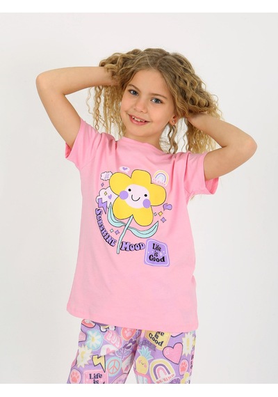 Kız Çocuk Kısa Kollu %100 Pamuklu Pijama Takımı Be Kind Koyu Pembe