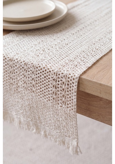 Krem Popillon Pamuklu Püsküllü Runner 35x145 Cm