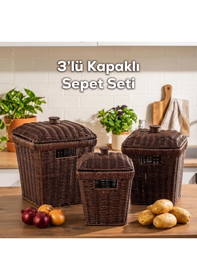 Pbt-919-1 3lü Hasır Sepet Kapaklı Bambu Sepet Seti Dekoratif Banyo Mutfak Düzenleyici Patates Soğan Sepeti Organize Genel