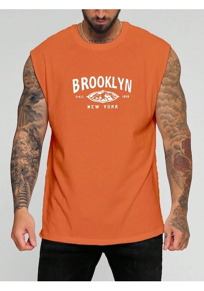 Brooklyn New York Baskılı Kolsuz Tişört Turuncu