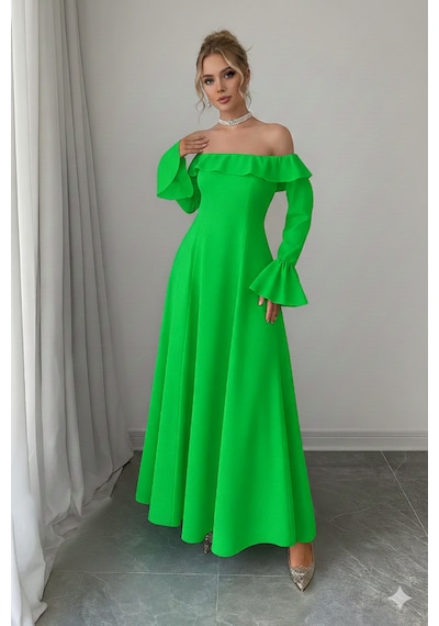 Defymoda Kadın Modern Kesim Fırfır Detaylı Elbise Yeşil