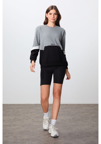 Tommy Life Gri Melanj Kompakt Pamuklu Kalın Pürüzsüz Dokulu O Yaka Oversize Fit Kadın Sweatshirt - 97289 Gri Melanj