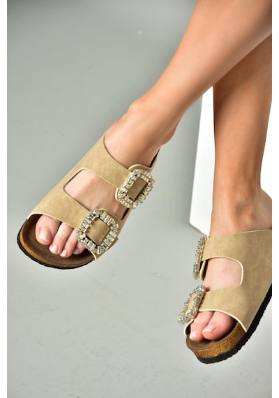 Fox Shoes K777604802 Bej Çift Tokalı Taşlı Kadın Terlik Bej