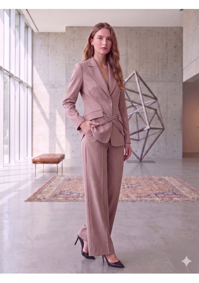 Prenses Blazer Ceket Geniş Paça Pantolon Takım Elbise Pudra