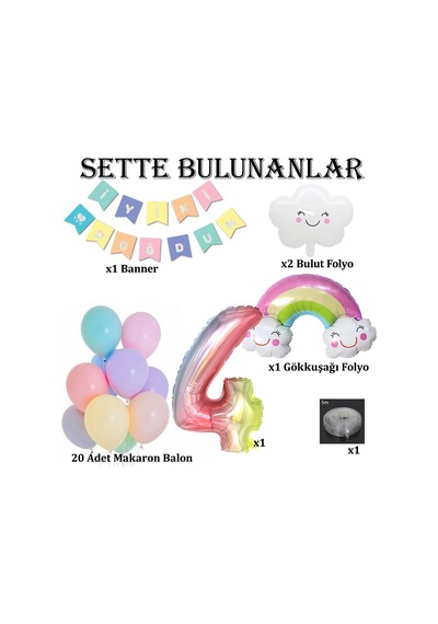 Gökkuşağı Bulut Konsepti 4 Yaş Doğum Günü Parti Kutlama Seti