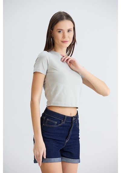 Bisiklet Yaka Basic Tshirt Gri-gri Gri