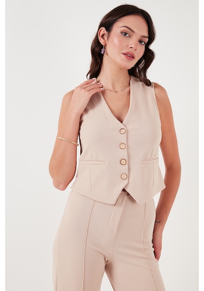 Lela Streç Fitted Fit V Yaka Düğmeli Bayan Yelek 5865971 Taş