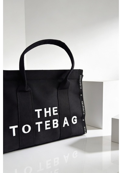 Ents Siyah Kadın Kanvas Tote Bag Günlük Omuz Çantası Büyük Boy Siyah - Beyaz