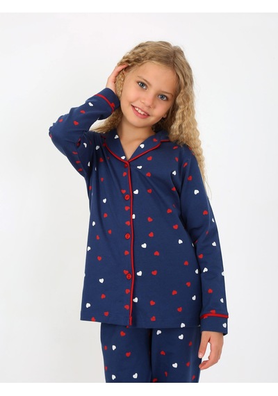 Kız Çocuk Uzun Kollu %100 Pamuklu Düğmeli Pijama Takımı Lovely Lacivert