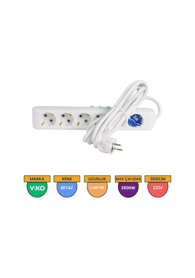 Viko Multi-let 6'lı Grup Priz Topraklı Çocuk Korumalı 3 Metre Beyaz - 90113603