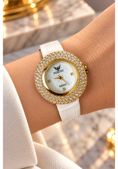 Rubenis Swiss Kadın Kol Saati Sarı Çelik 33mm Kristal Taşlı Gerçek Deri Kayışlı Beyaz Sedef Kadranlı Altın