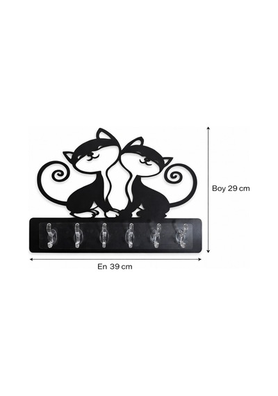 Kedi Figürlü Dekoratif Duvar Askılığı 6 Kancalı Mdf Anahtarlık Ve Askı 39 X 29 Cm Siyah Siyah