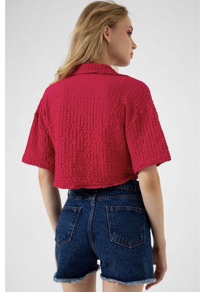 Bbbutikbasic Bürümcük Cepli Crop Gömlek Fuşya