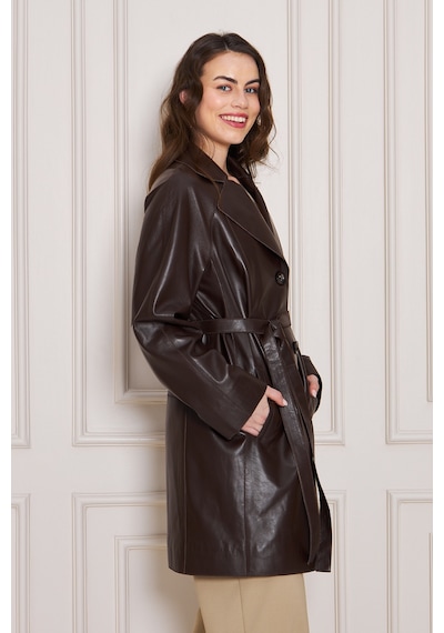 M M Marki Marki Kadın Hakiki Deri Trençkot Kahverengi, V Yaka, Kuşaklı, Düğme Kapamalı, Oversize, 90 Cm - 117122