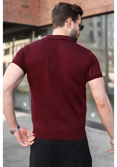 Madmext Mürdüm Delikli Polo Yaka Erkek Triko Tişört E7495