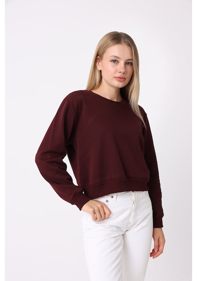 Defys Kadın Bisiklet Yaka Üç İplik Şardonlu Basic Sweatshirt Bordo