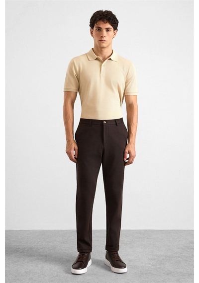Süvari Koyu Kahve Slim Düz Twill Yarım Lastikli Jogger Pantolon Spn2020500026-kh9