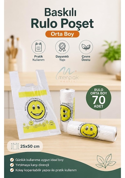 Rulo Poşet Orta Boy 25x50 Cm Gülenyüz Baskılı Poşet Atlet Poşet Market Manav Poşeti Çöp Poşeti