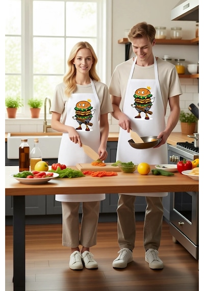 Erkek Unisex Mutfak Aşçı Önlüğü Karikatür Burger Baskılı Dtf Diji Beyaz