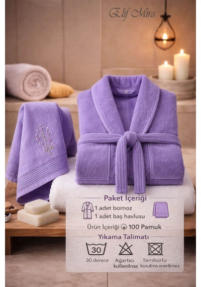 Tek Kişilik Banyo Havlulu Bornoz Seti Pamuklu Bukle Şalyaka Nuvia Lavanta