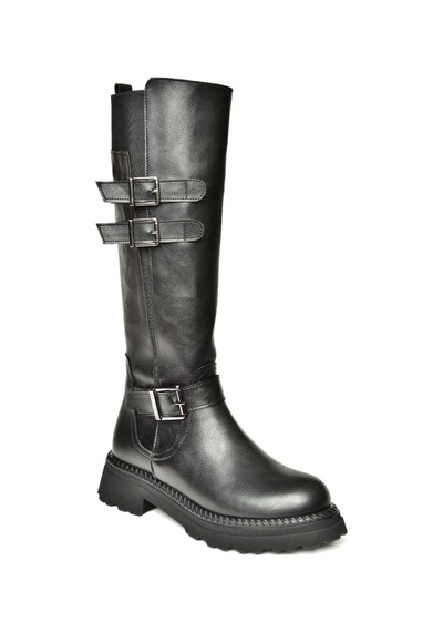 Fox Shoes T820857509 Siyah Düz Tabanlı Kadın Çizme Siyah-Suni Deri