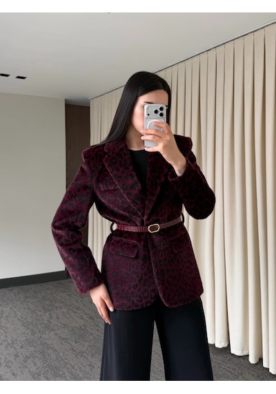 Laluvia Bordo Leopar Kemerli Ceket - 9614 Bordo