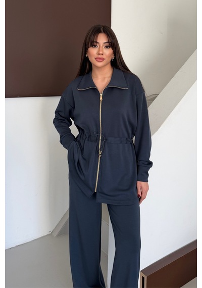 Balenbi Oversize Fermuarlı Beli Bağcıklı Polo Yaka Modal Kadın Takım 1196 - Form Serisi Füme Balenbi Oversize Fermuarlı Beli Bağcıklı Polo Yaka Modal Kadın Takım 1196 - Form Serisi Füme