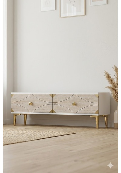 Tsa1297btg Alfa Tv Sehpası Beyaz-traverten-gold 120cm