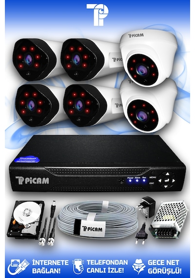 Picam 6 Kameralı Uzay 2 İç Kamera Set 2 TB HDD Full HD Gece Görüşlü Güvenlik Kamerası Sistemi