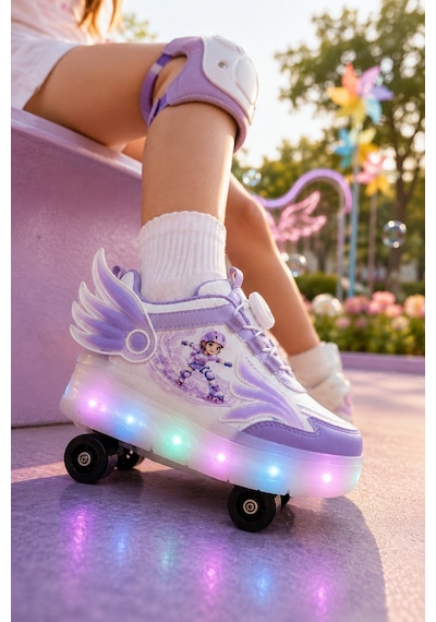 Muggo Wıngs Çocuk Kanat Detaylı Işıklı Patenli Tekerlekli Sneaker Spor Ayakkabı Lila