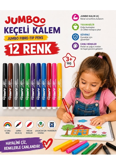 Pensan Kidz Jumboo 12 Renk Yıkanabilir Jumbo Keçeli Kalem Kalın Uçlu Çocuk Boyama Kalemi Çok Renkli