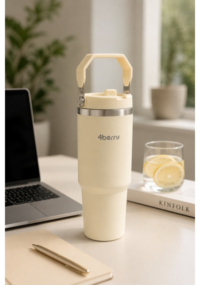 Ss119 900 Ml Çelik Termos Bardak Pipetli Kulplu Taşınabilir Su Matarası Krem