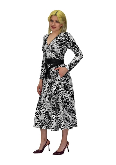 Kadın Viskon Leopar Desenli V Yaka Elbise Bgl-st03536 001