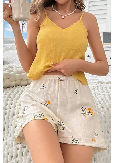 Bella Notte Sarı Askılı Üst & Çiçek Desenli Şortlu Yazlık Pijama Takımı