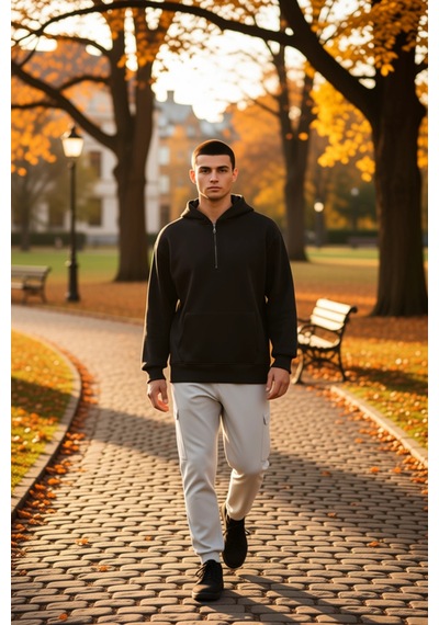 Benerly Erkek Kapüşonlu Fermuarlı Düşük Kol Uzun Kollu Kalıp Sweatshirt F siyah