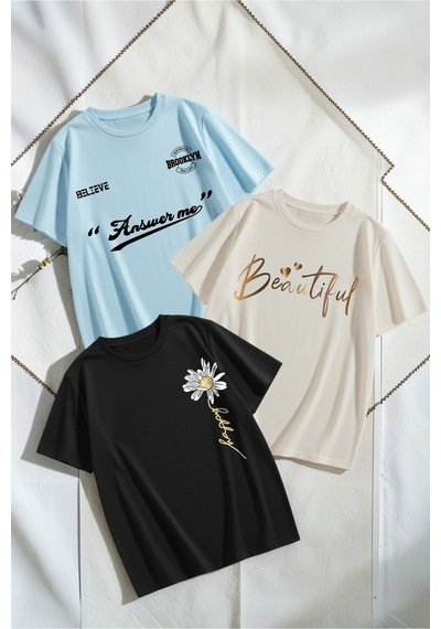 Uyguntarz Unisex Bebek Mavisi Siyah Bej 3'lü Tasarım Tshirt Seti Çok Renkli