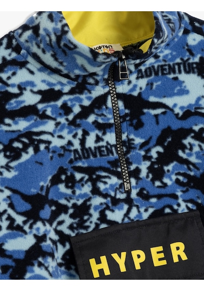 Koton Oversize Polar Sweatshirt Dik Yaka Yarım Fermuar Kanguru Cepli Mavi Desenli 5wkb10188tk Mavi