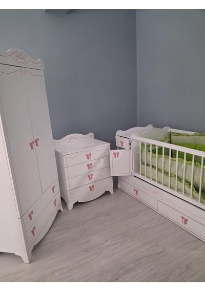 Bebek Odası 90654 Pink Takım Dolap Uzamalı Beşik Şifonyer Demonte Ürün Beyaz