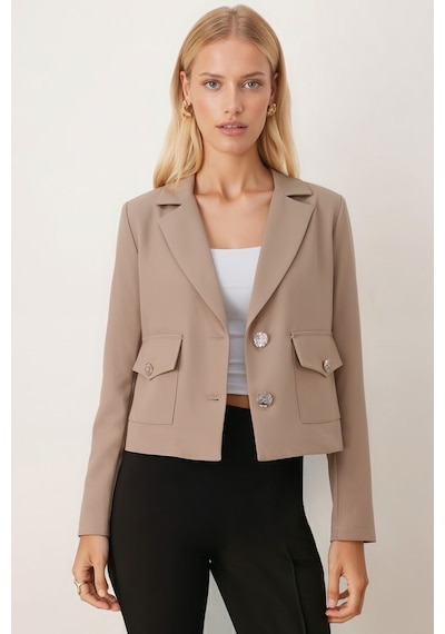 Armonika Kadın Vizon Erkek Yaka Kare Cepli Astarlı Crop Ceket Arm-26k001026