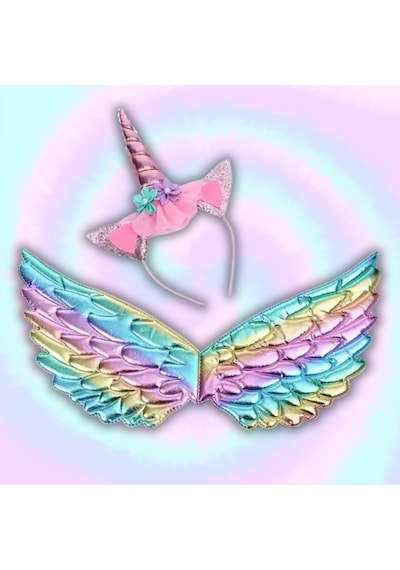 2 Parça Set Takım Kanat Unicorn Taç Peri Pembe Parlak Parti Kostüm Aksesuar Etkinlik Kız Çocuk