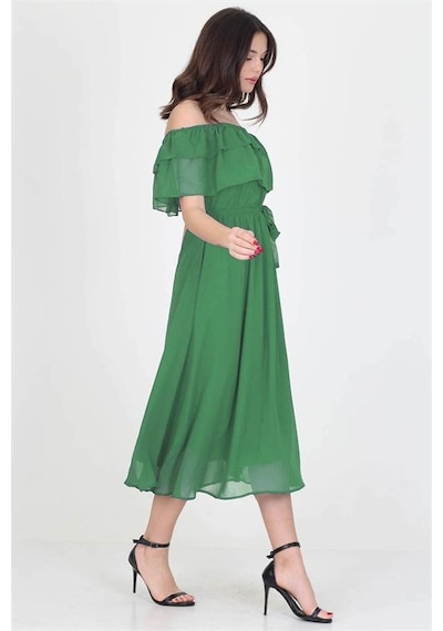 Neşeli Butik Kadın Yeşil Bağlama Detaylı Madonna Yaka Yeni Sezon Şifon Elbise Nb8060 Yeşil